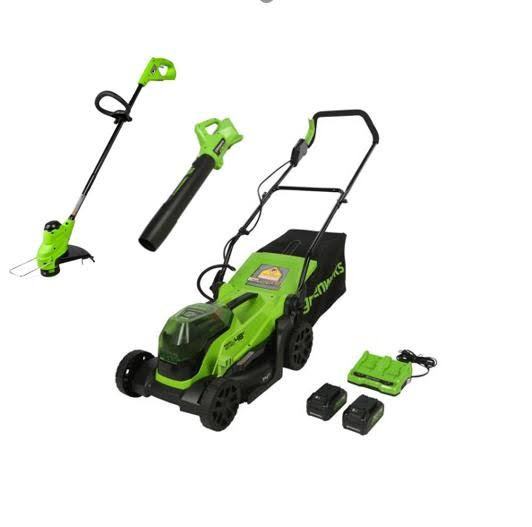 Greenworks 24 Volt Cordless 14 inch Mower, Blower & 10 inch Trimmer Combo Kit with 2 USB Batteries (2 x 24V)
