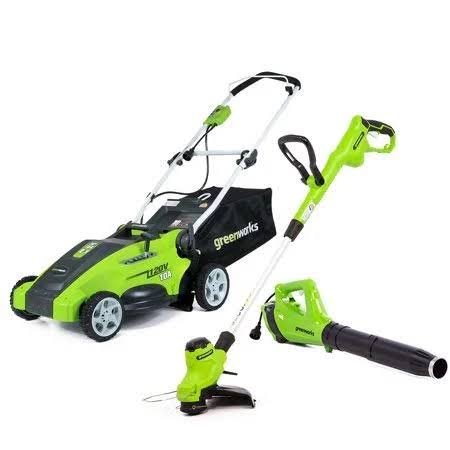 Greenworks 24 Volt Cordless 14 inch Mower, Blower & 10 inch Trimmer Combo Kit with 2 USB Batteries (2 x 24V)