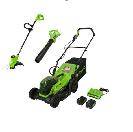Greenworks 24 Volt Cordless 14 inch Mower, Blower & 10 inch Trimmer Combo Kit with 2 USB Batteries (2 x 24V)