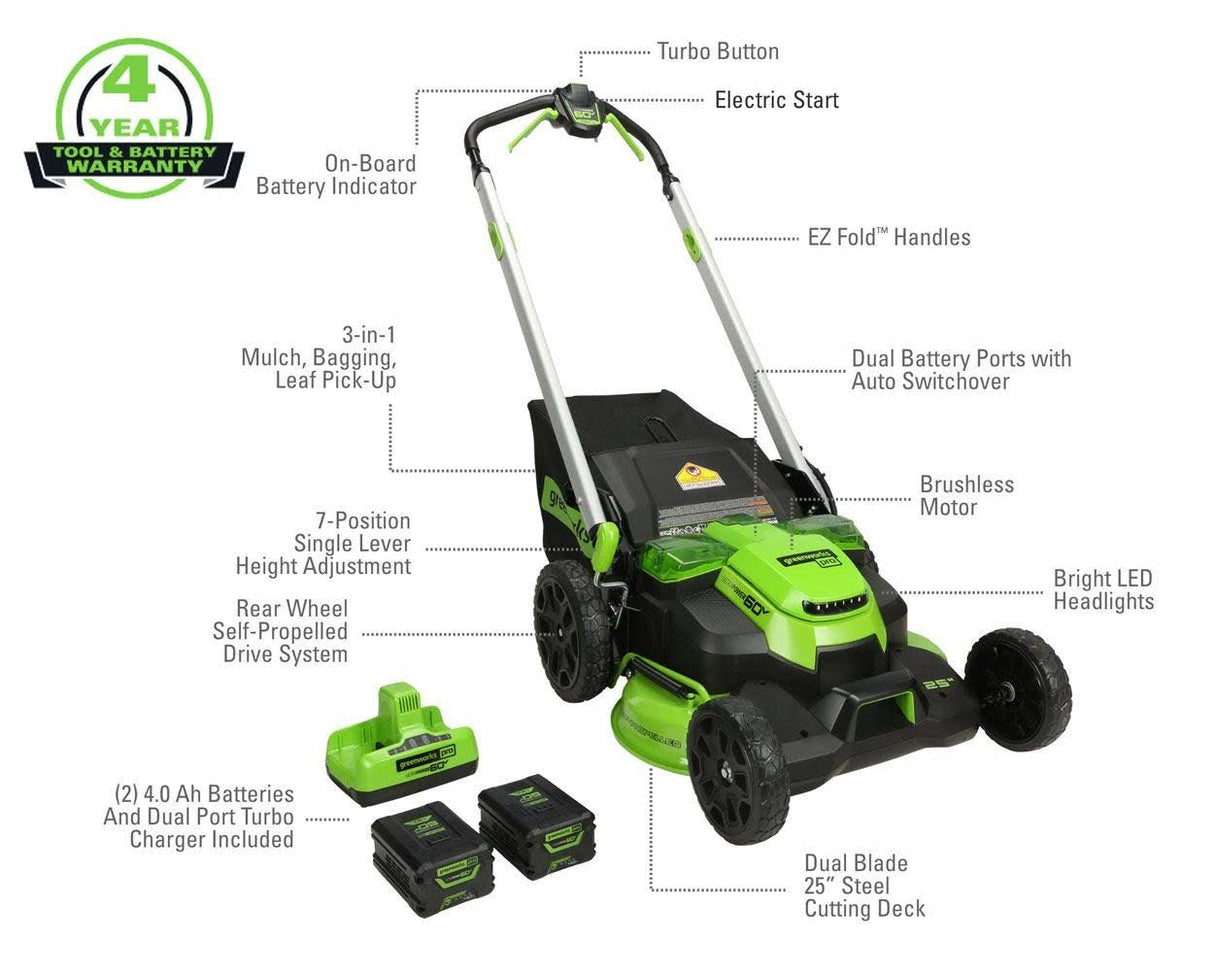 Greenworks 60V 25-in Brushless Cordless Battery Walk-Behind Self-Propelled Push Lawn Mower